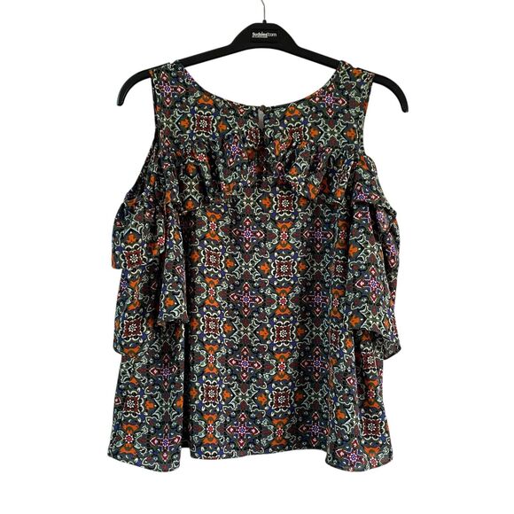 Takara Women Top Multi Cold Shoulder Layered Flowy Sleeve Keyhole Back Size L - Picture 2 of 10